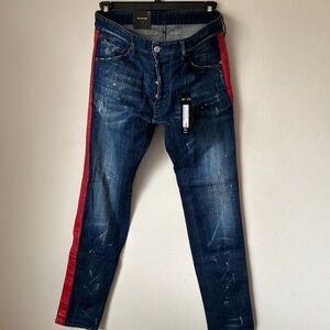 Men's Dark Blue Denim Jeans with Red Side Stripe